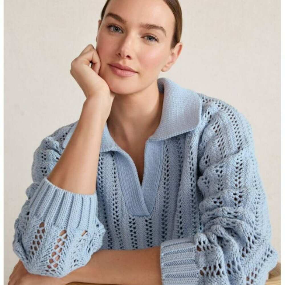 Haven Well Within Open Stitch Johnny Collar Light Blue V-Neck Sweater Size‎ L